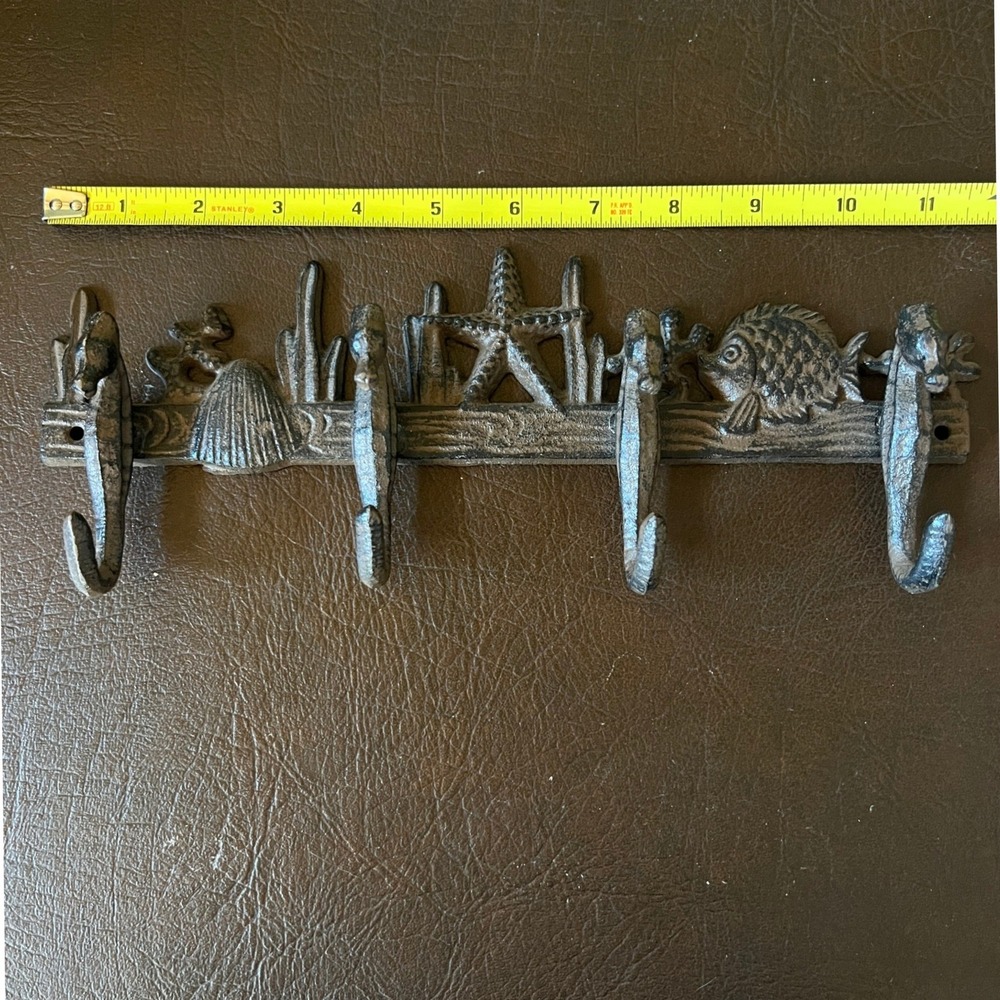 Nautical Cast Iron Wall Hook Rack Coastal Beach Shell Seahorse Starfish Decor - Picture 11 of 12